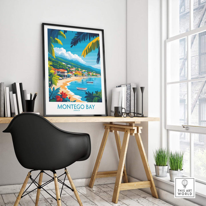 Montego Bay poster displayed in a modern workspace, showcasing a vibrant Jamaican beach scene. Ideal for home decor.