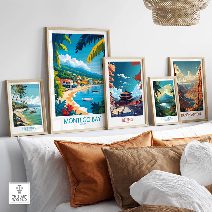 Montego Bay poster among framed travel art prints, showcasing vibrant colors and tropical scenery. Perfect for home decor.