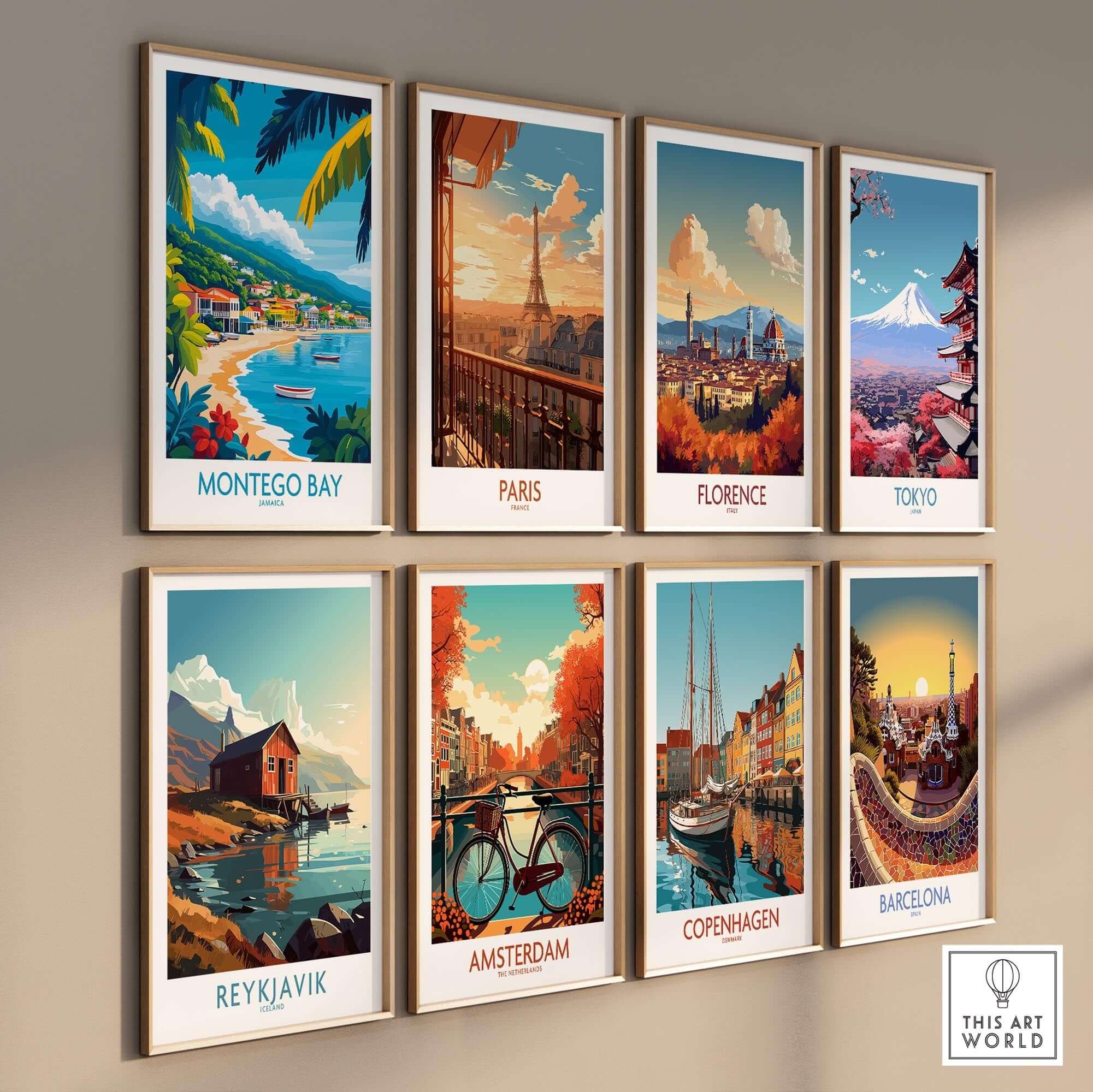 Montego Bay Poster Jamaica displayed among other city posters on a wall, showcasing vibrant travel destinations.
