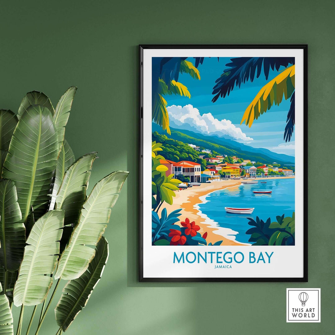 Montego Bay poster featuring vibrant coastal scenery and lush greenery, showcasing the beauty of Jamaica's landscape.