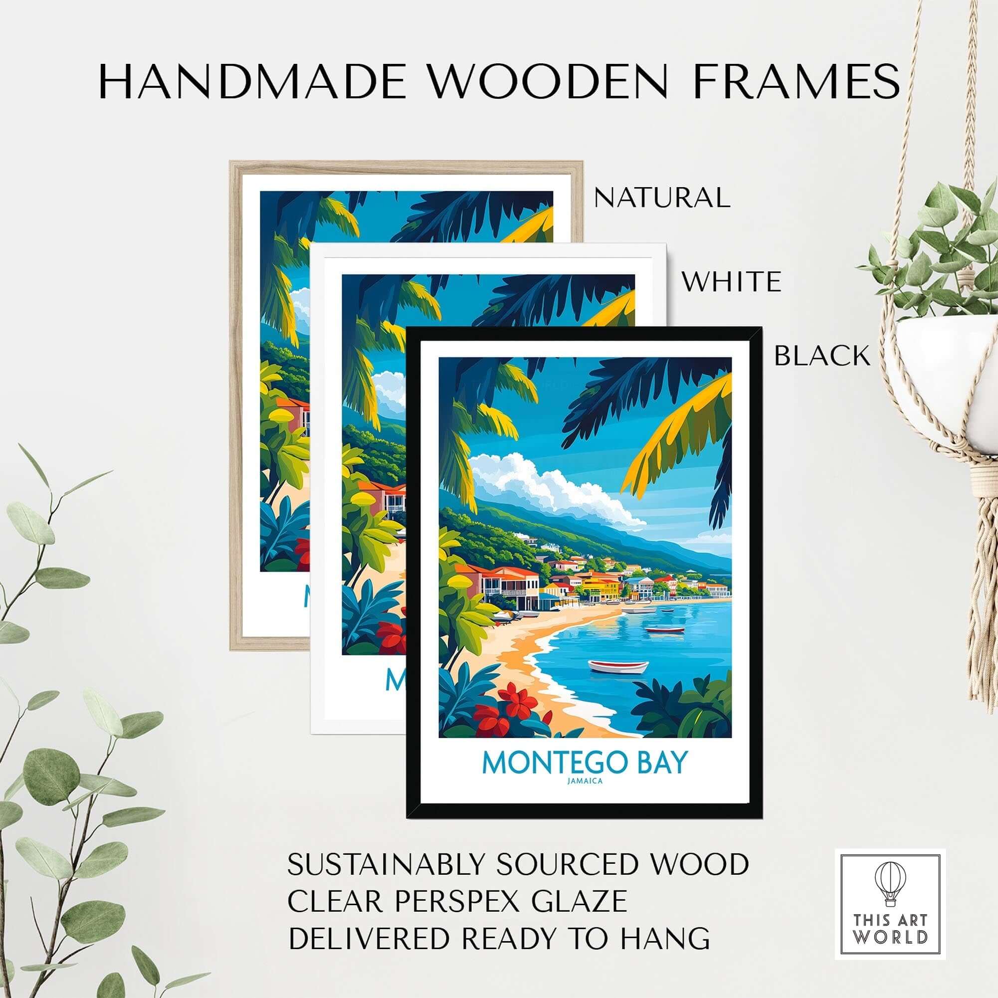 Handmade wooden frames showcasing Montego Bay Poster Jamaica in natural, white, and black options.