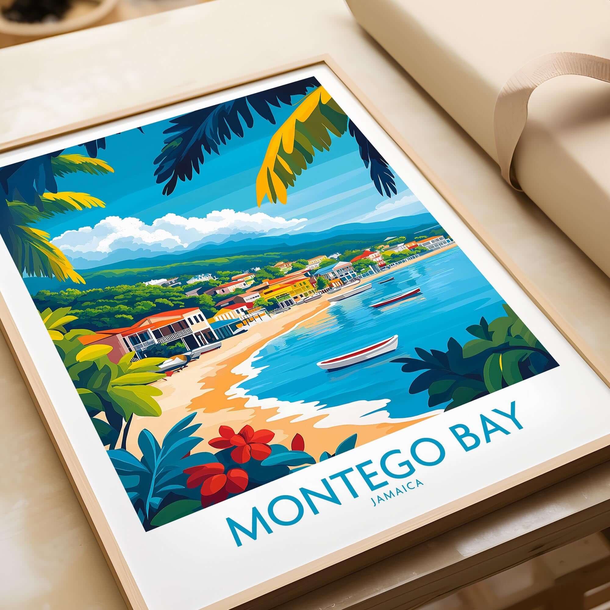 Montego Bay Poster Jamaica featuring a colorful beach scene with boats and lush greenery.