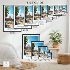 Size guide for Montego Bay Travel Poster in various sizes and frames, featuring vibrant palm trees and buildings.