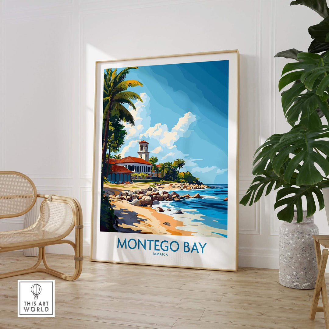 Montego Bay travel poster featuring a vibrant beach scene with palm trees and a picturesque building in Jamaica.