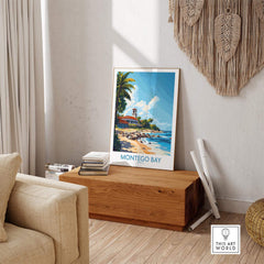 Montego Bay Travel Poster displayed in a stylish living room with natural decor.