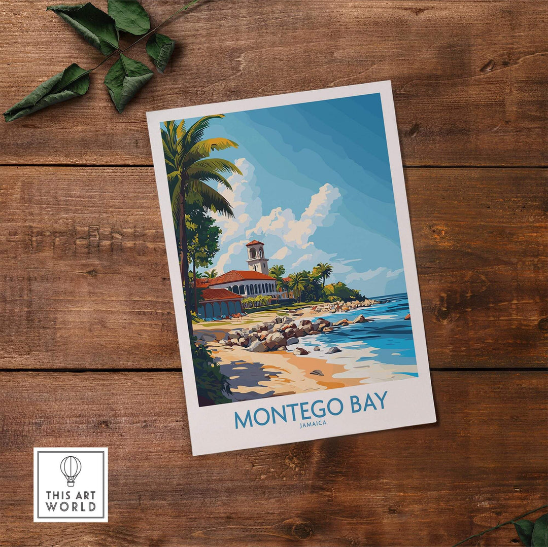 Montego Bay travel poster featuring a scenic beach view with palm trees and a historic building in Jamaica.