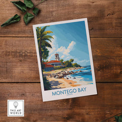Montego Bay Travel Poster showcasing a tropical beach scene with palm trees and clear blue waters.