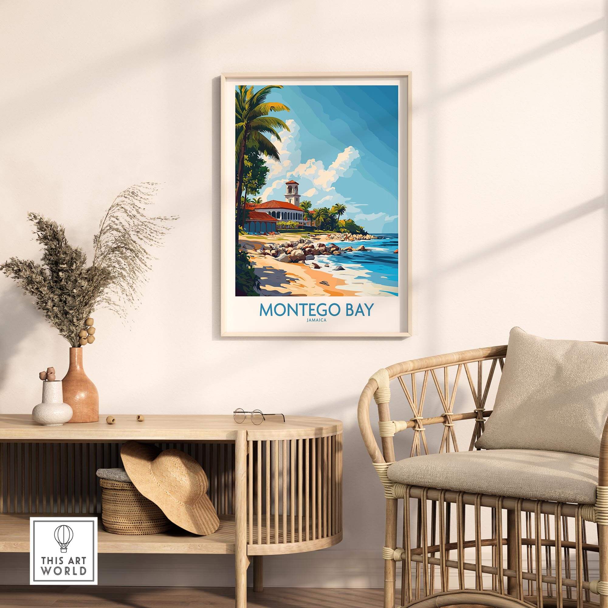 Montego Bay Travel Poster featuring a vibrant beach scene and palm trees in a stylish living room decor.
