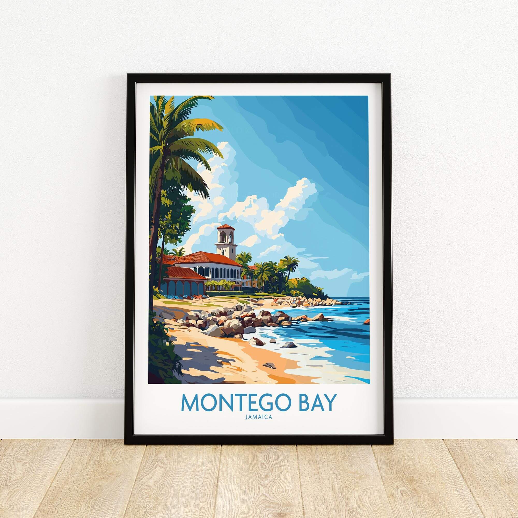 Montego Bay Travel Poster showcasing vibrant beach scene with palm trees and ocean waves.