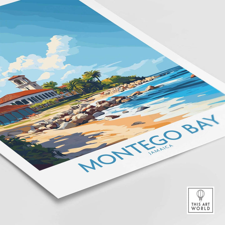 Montego Bay travel poster featuring vibrant beach scene with rocks and palm trees, showcasing Jamaica's natural beauty.