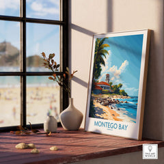 Montego Bay Travel Poster displayed on a table with a beach view, featuring vibrant colors and tropical scenery.
