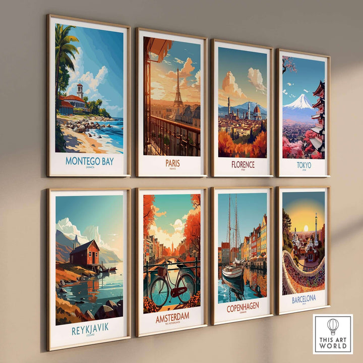 Vintage travel posters featuring Montego Bay, Paris, Florence, Tokyo, Reykjavik, Amsterdam, Copenhagen, and Barcelona.