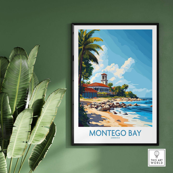 Montego Bay travel poster featuring a scenic beach view and tropical palms, showcasing Jamaica's vibrant landscape.