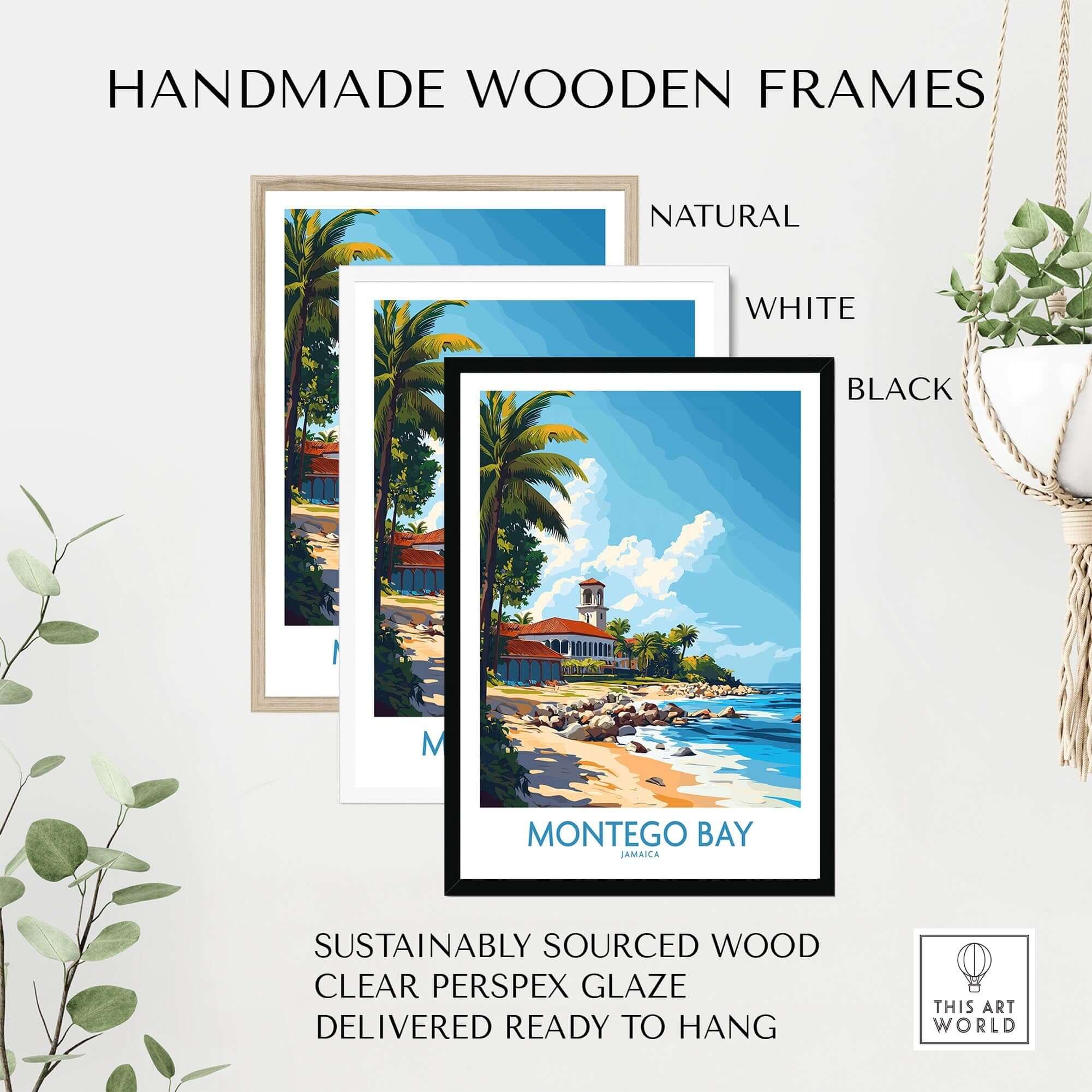 Montego Bay Travel Poster framed in natural, white, and black handmade wooden frames.