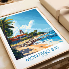 Montego Bay Travel Poster featuring a vibrant beach scene with palm trees and a historic building.