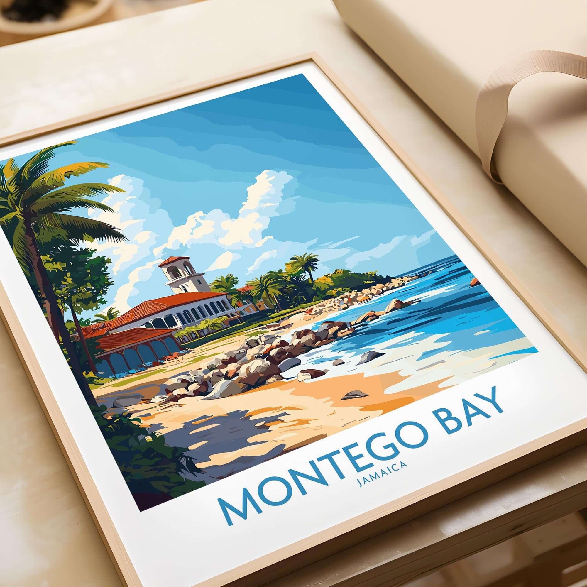 Montego Bay Travel Poster featuring a vibrant beach scene with palm trees and a historic building.