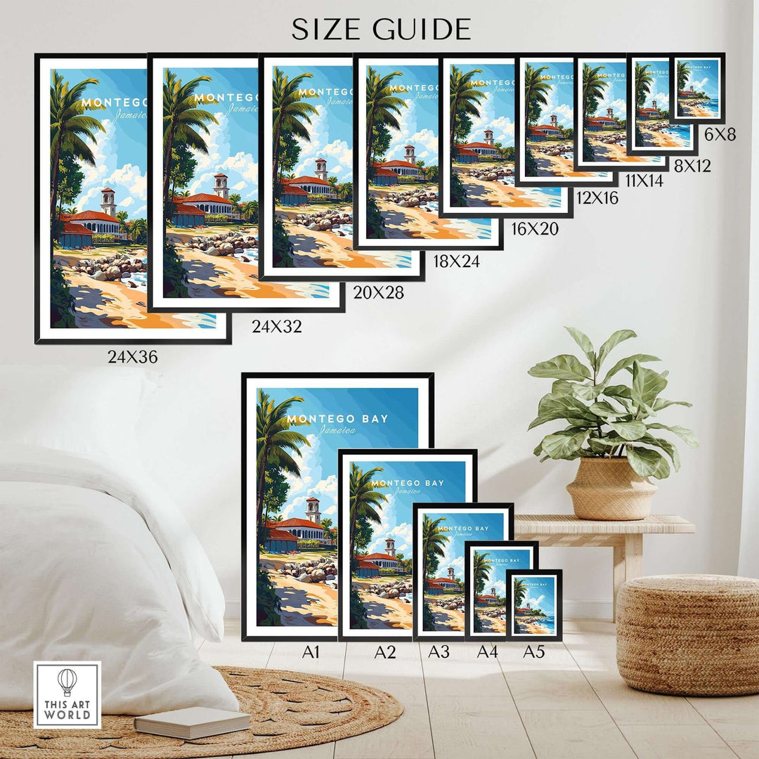 Size guide for Montego Bay travel print showcasing various frame dimensions in a stylish home setting.