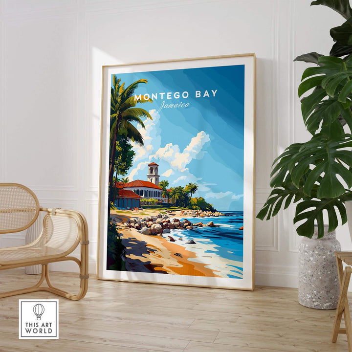 Montego Bay travel print featuring tropical scenery and vibrant colors, displayed elegantly in a modern interior setting.