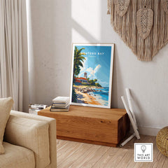 Montego Bay Travel Print displayed in a stylish interior, featuring beautiful tropical scenery and vibrant colors.