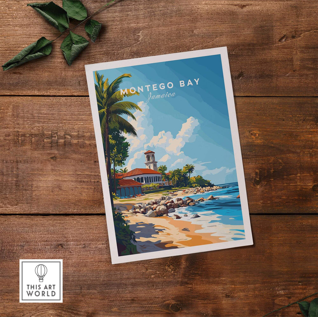 Montego Bay travel print featuring a scenic beach view with palm trees and a lighthouse in vibrant colors.