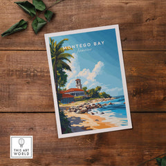 Montego Bay Travel Print featuring a vibrant landscape and palm trees set against a serene beach backdrop.