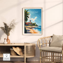 Montego Bay Travel Print displayed on a wall above a stylish wooden furniture piece in a bright room.