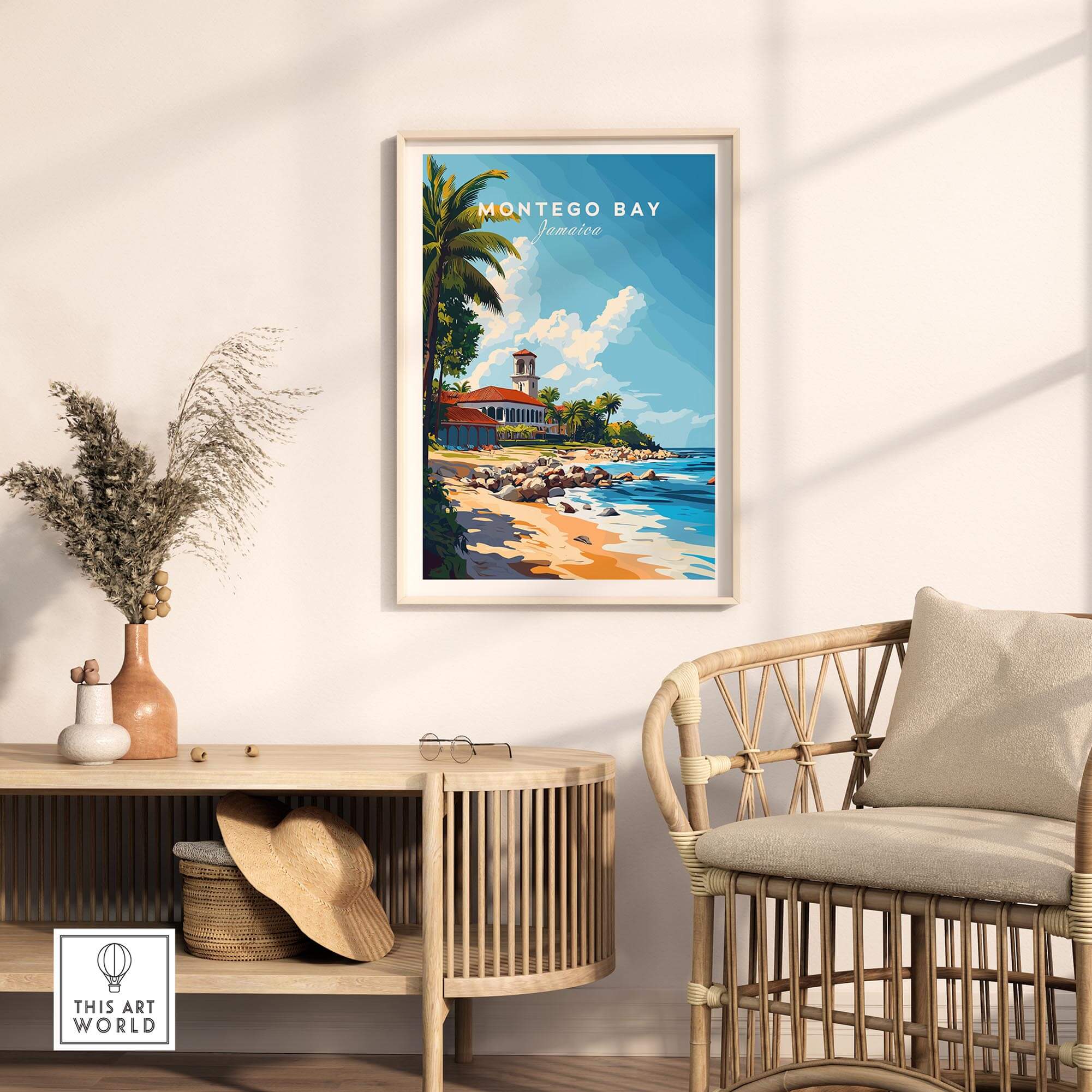Montego Bay Travel Print displayed on a wall above a stylish wooden furniture piece in a bright room.