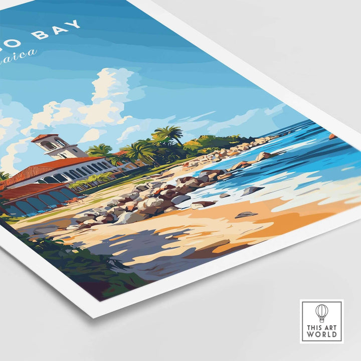 Vibrant Montego Bay travel print featuring a beach scene with palm trees and a historic building in Jamaica.