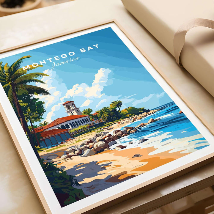 Montego Bay travel print featuring vibrant beach scenery and tropical palms, showcasing Jamaica's beauty in a colorful illustration.