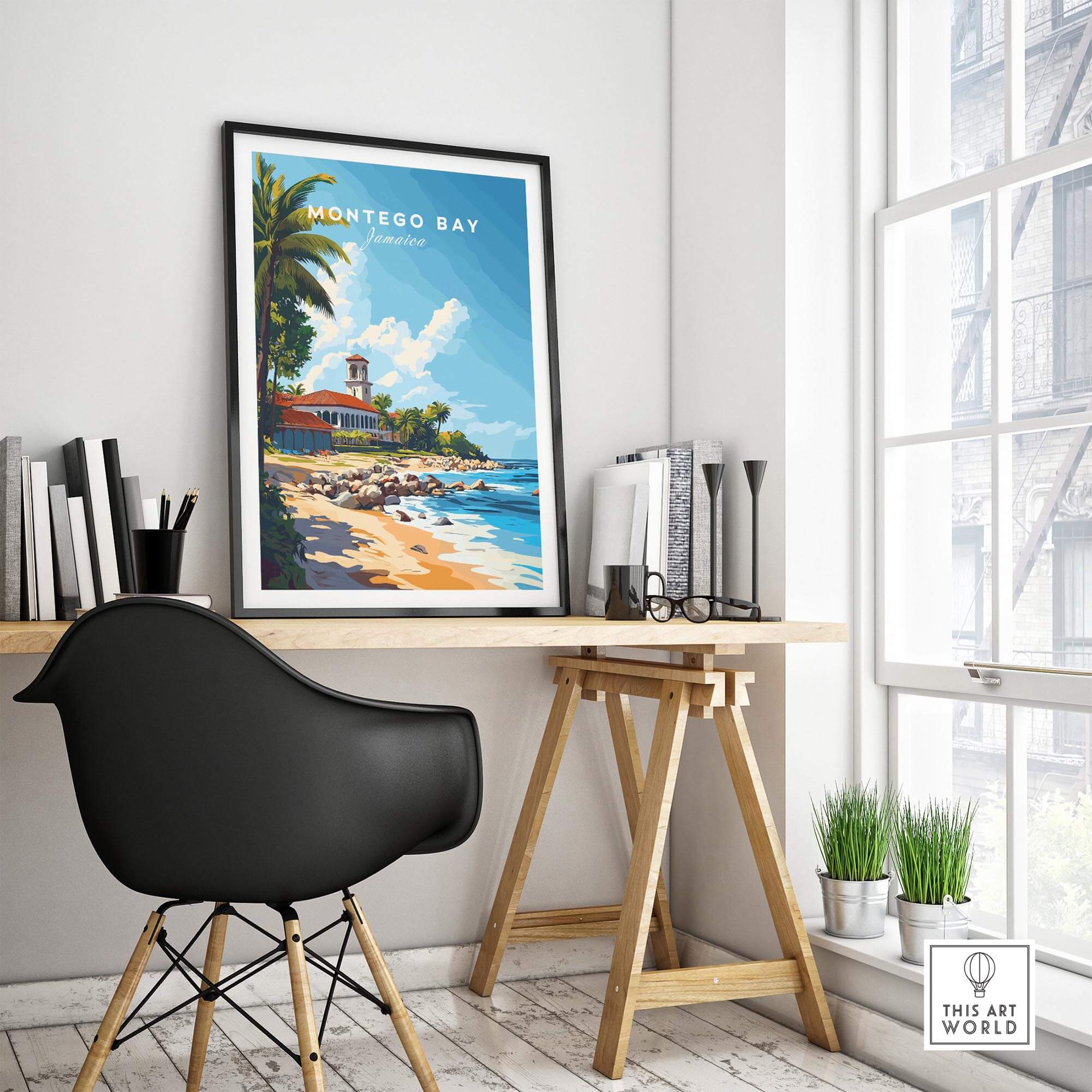 Montego Bay Travel Print displayed in a stylish room with a wooden desk and modern chair.