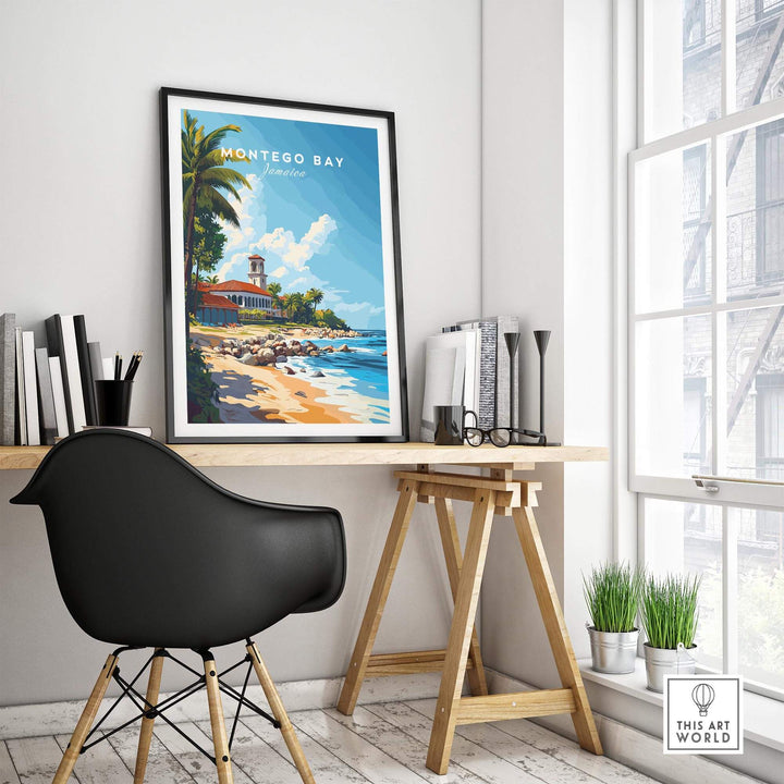 Montego Bay travel print displayed in a stylish home office, showcasing vibrant colors and a tropical beach scene.