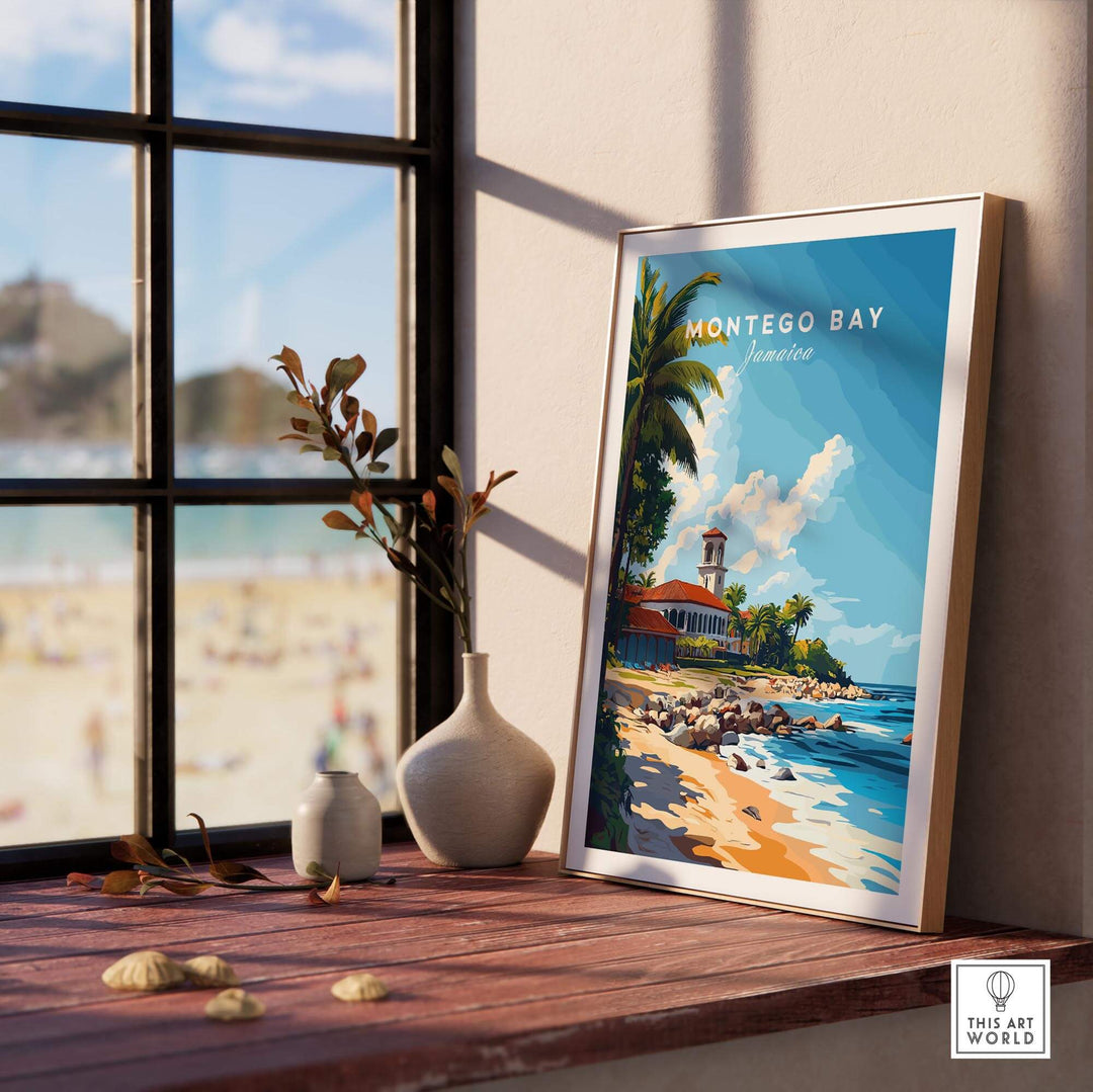 Montego Bay travel print displayed in a sunlit room, highlighting tropical scenery and a beach view.