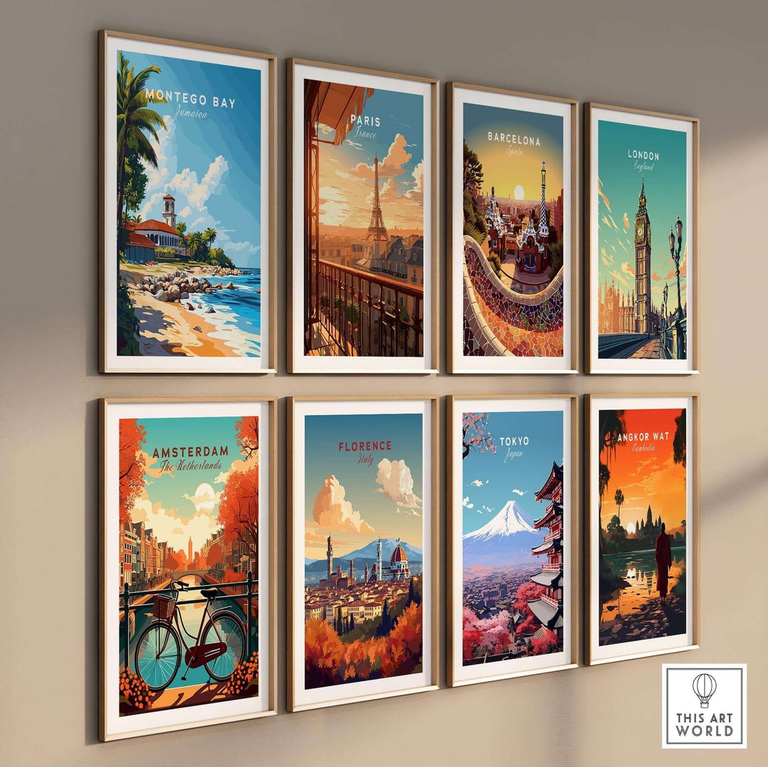 Montego Bay travel print showcasing vibrant scenery, part of a styled wall art collection featuring global travel destinations.