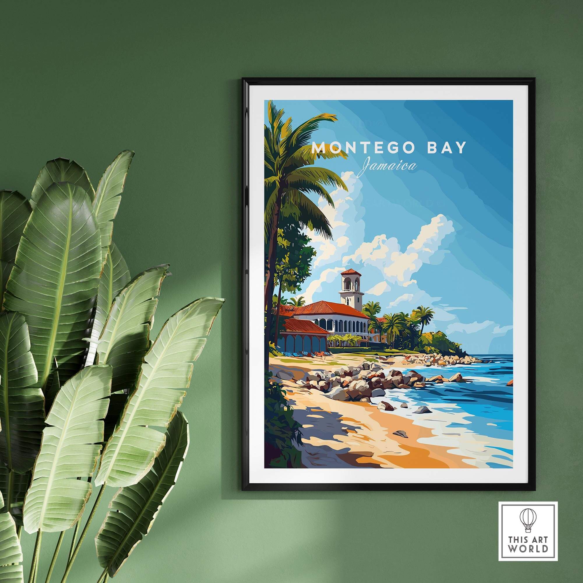 Montego Bay Travel Print featuring a vibrant beach and palm trees in Jamaica.