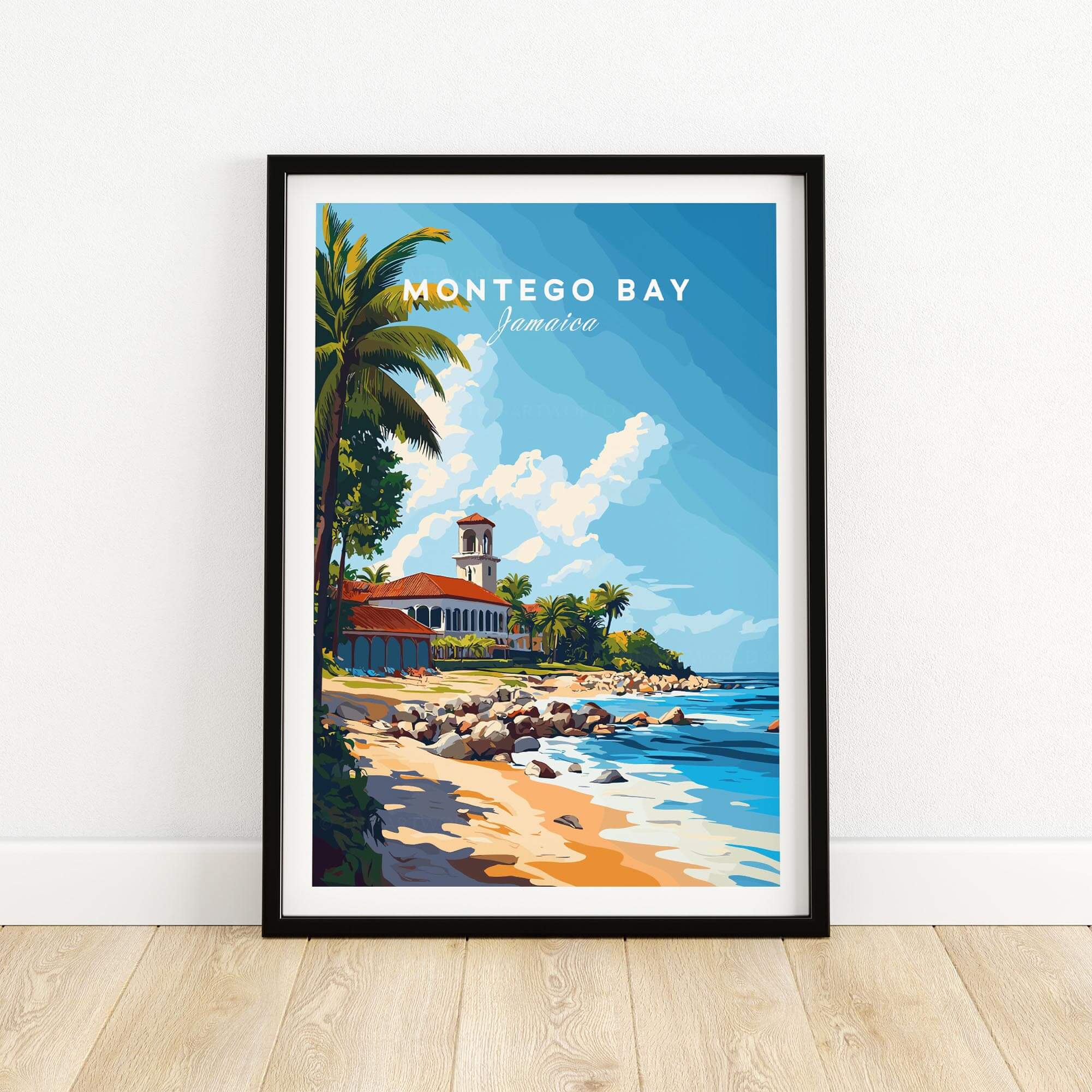 Montego Bay Travel Print featuring a vibrant coastal scene of Jamaica with palm trees and a picturesque building.