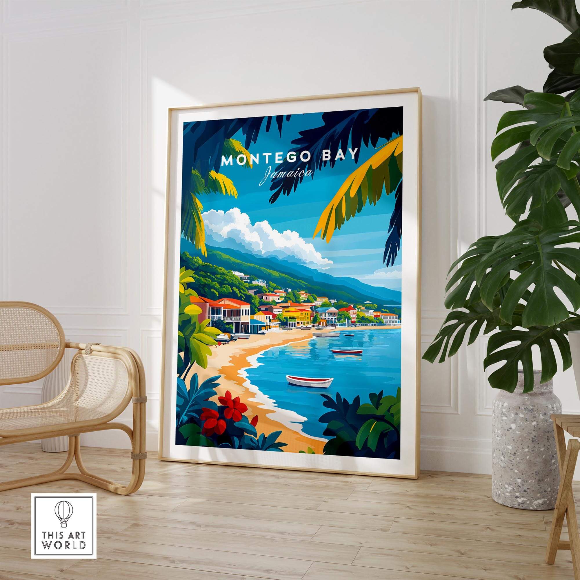 Montego Bay Wall Art Print featuring a vibrant coastal scene with boats and lush greenery.