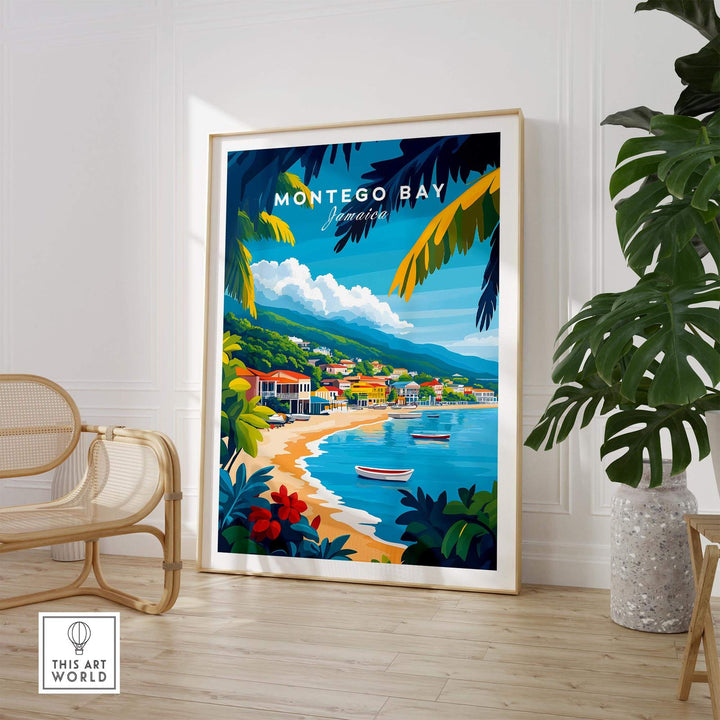 Montego Bay wall art print featuring vibrant coastal scenery and tropical foliage in a stylish interior setting.