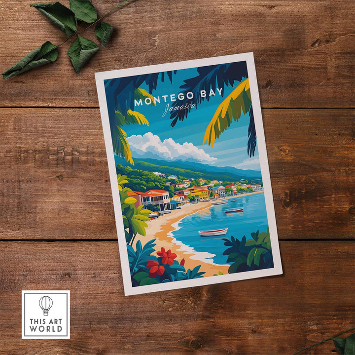 Montego Bay wall art print featuring a vibrant coastal scene of Jamaica, lush greenery, and colorful houses.