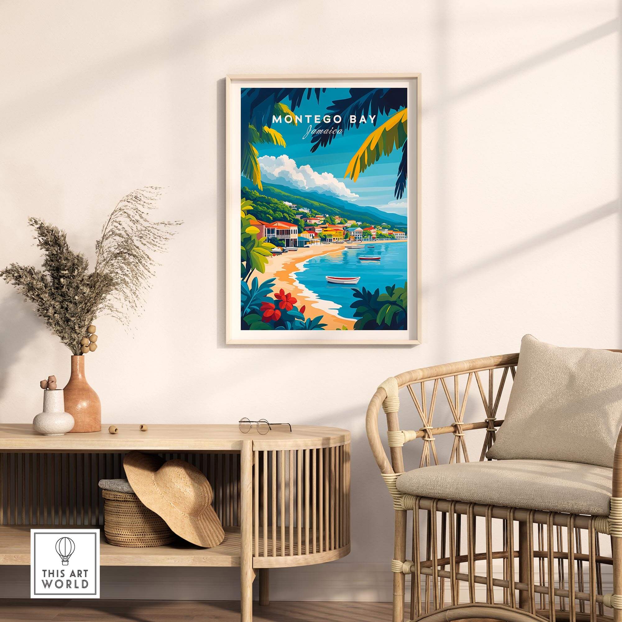 Beautiful Montego Bay Wall Art Print displayed in a stylish living room setting with a tropical beach view.