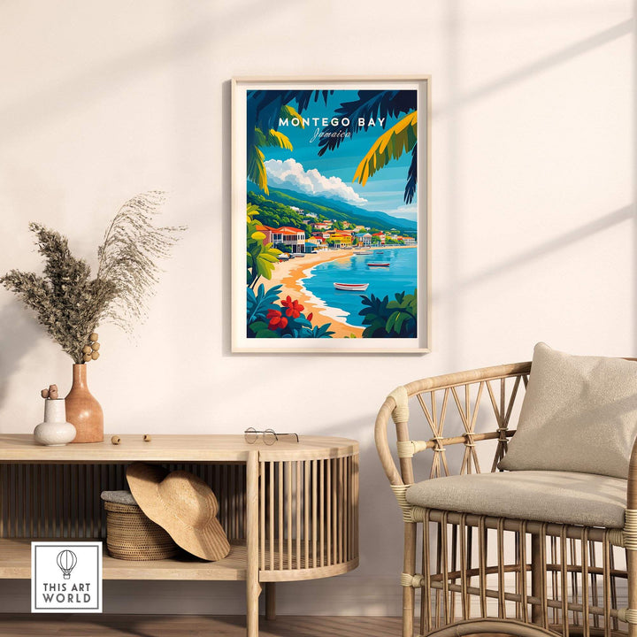 Montego Bay wall art print featuring a vibrant beach scene, framed and displayed in a stylish interior setting.