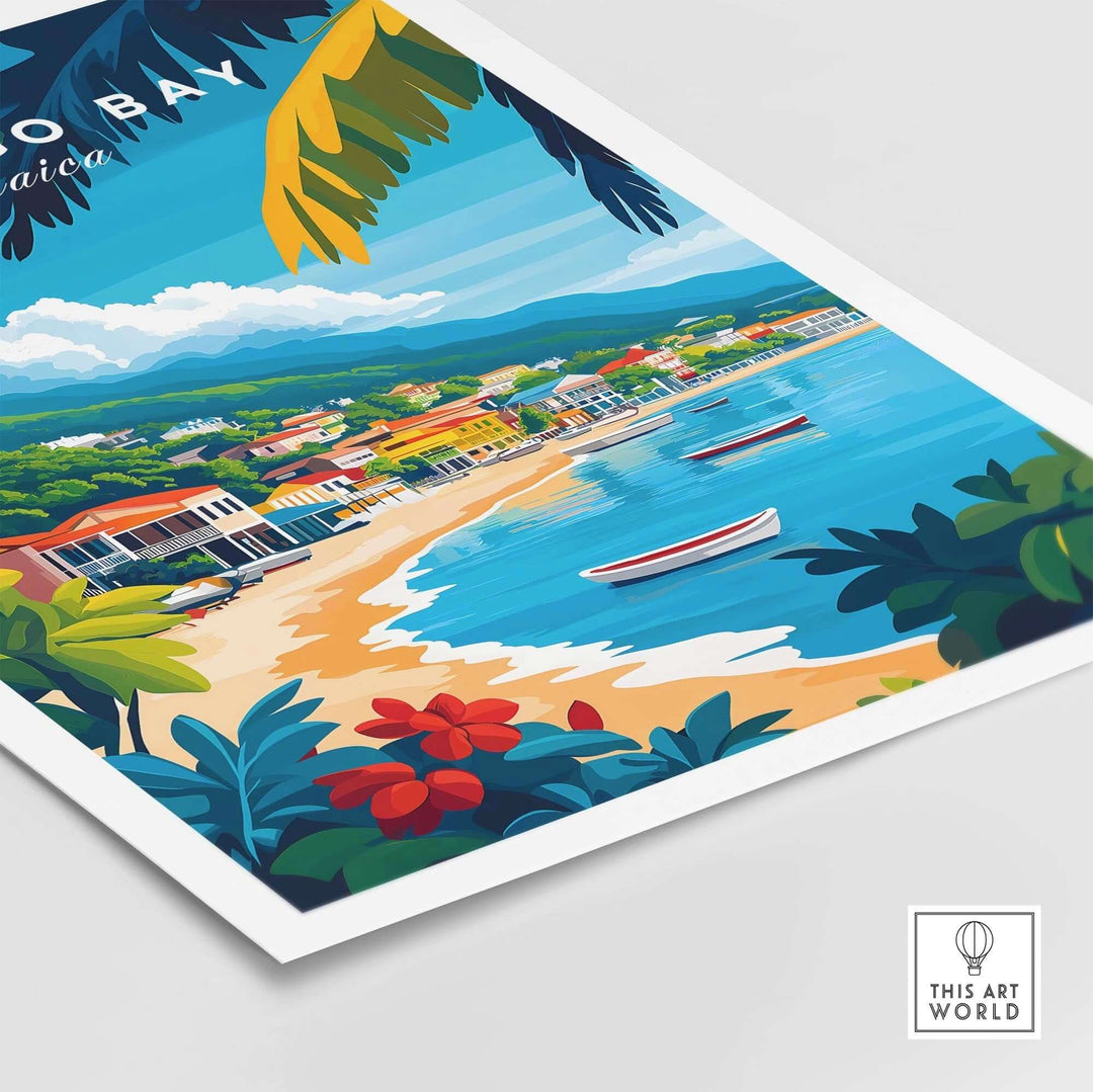 Montego Bay wall art print featuring vibrant beach scenery, boats, and lush tropical foliage in a colorful design.