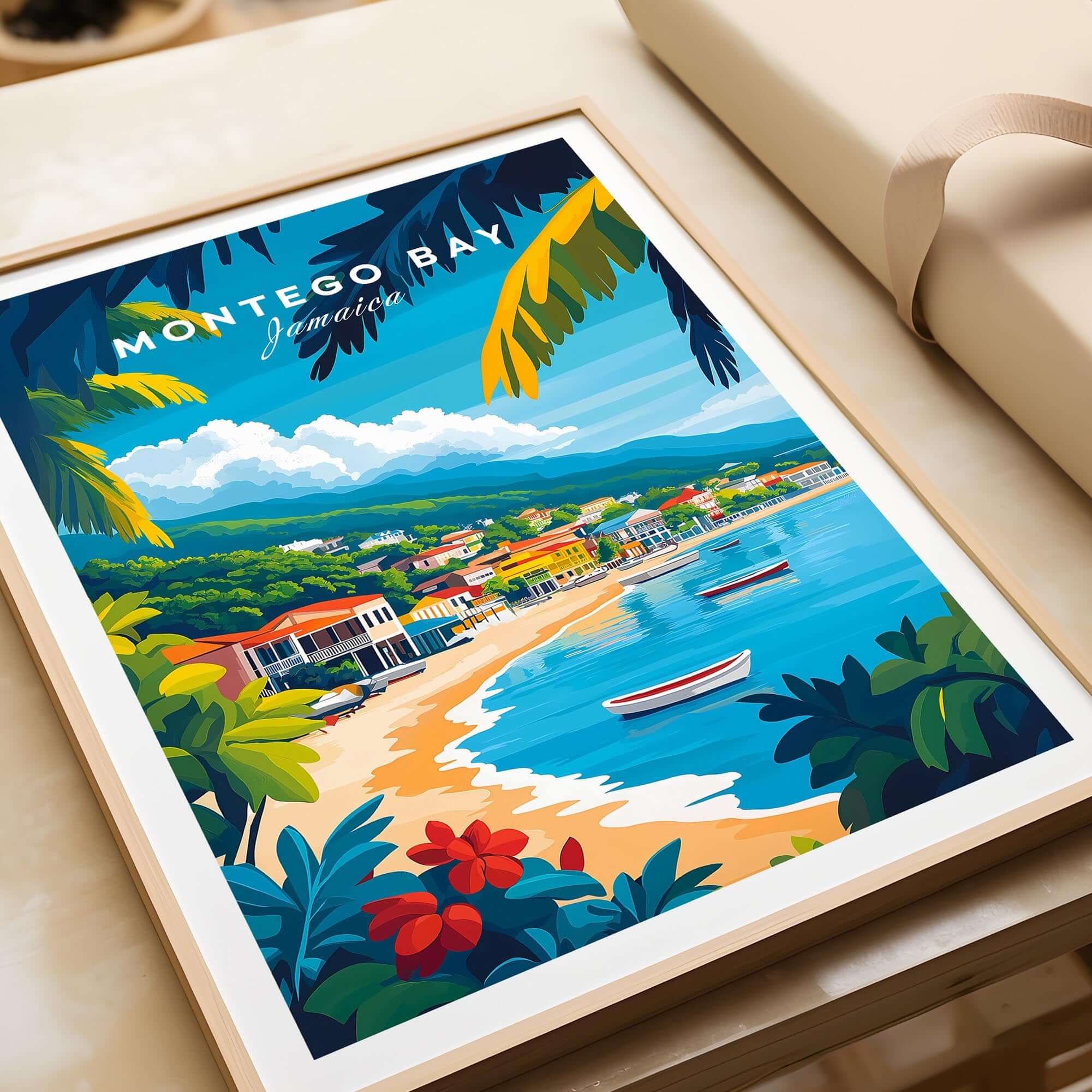 Montego Bay Wall Art Print showcasing a vibrant beach scene with boats and lush greenery in Jamaica.