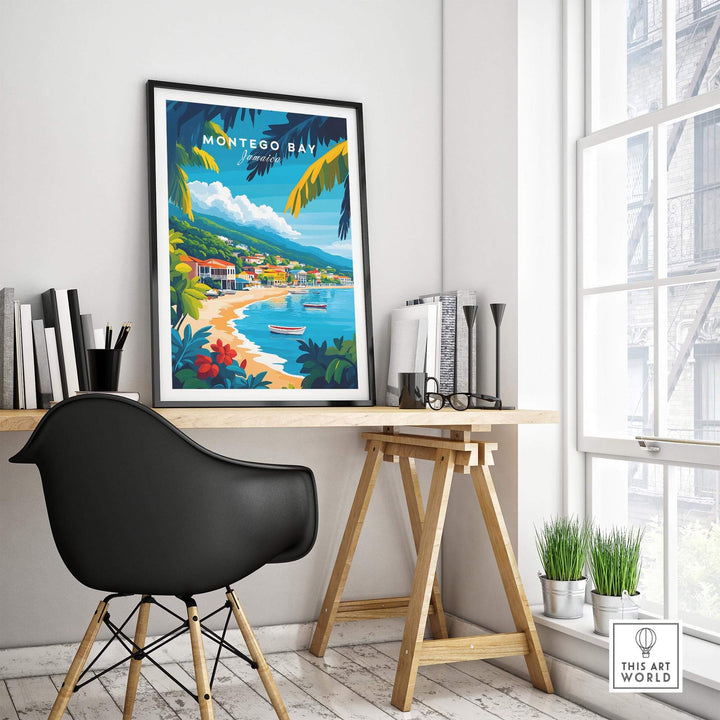 Montego Bay wall art print displayed in a stylish interior, featuring vibrant colors and tropical scenery.