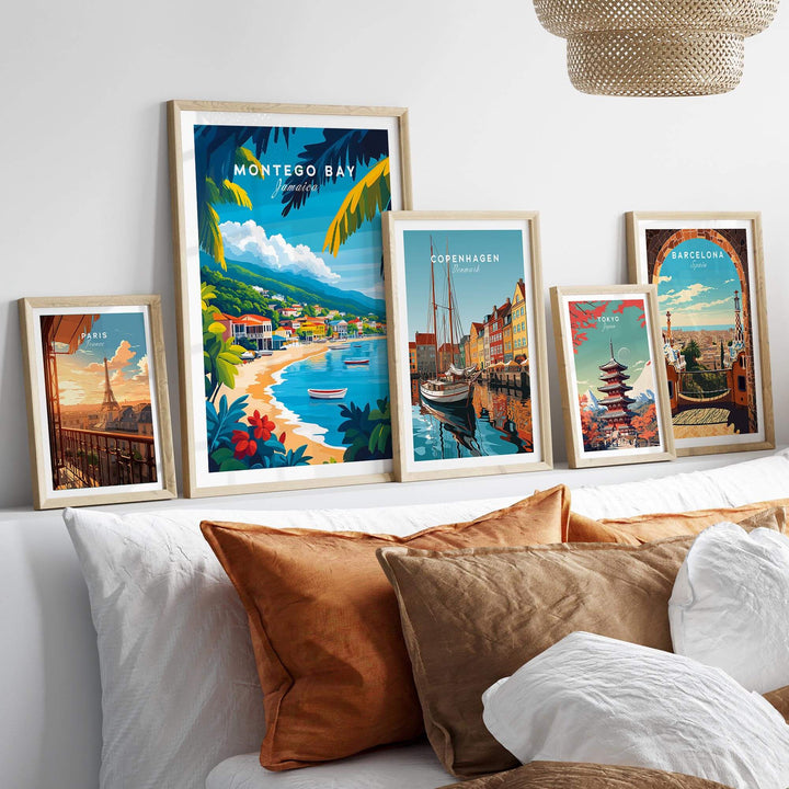 Montego Bay wall art print displayed among other city prints on a stylish bed, enhancing home decor with vibrant colors.