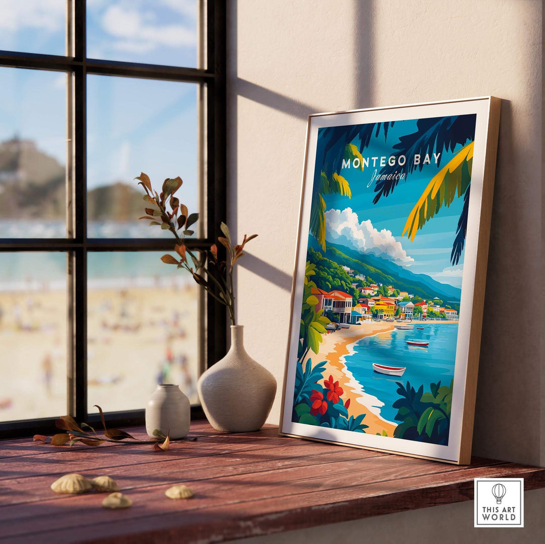 Montego Bay wall art print displayed on a windowsill, capturing a vibrant beach and tropical scenery of Jamaica.