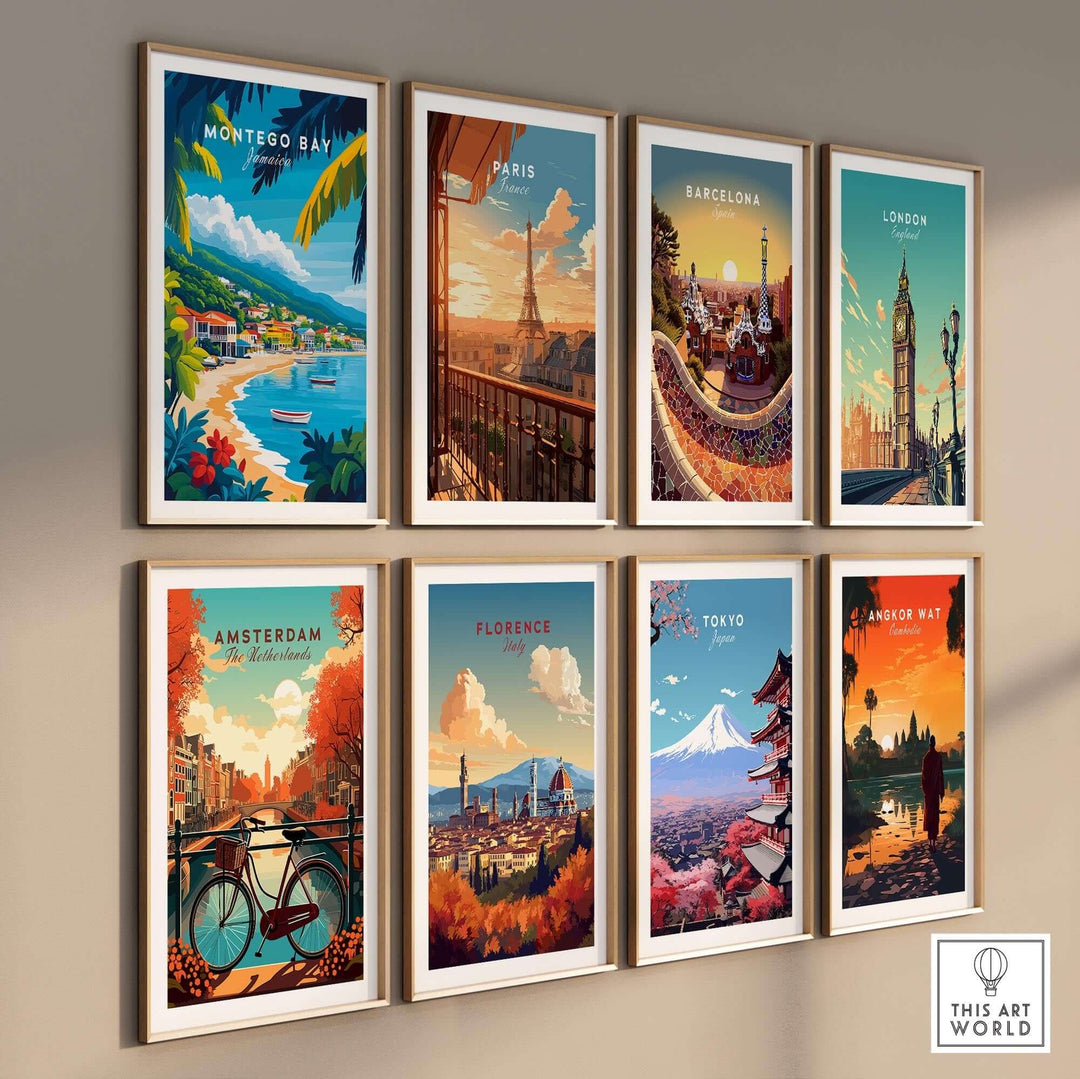 Colorful wall art print collection featuring Montego Bay, Paris, Barcelona, London, Amsterdam, Florence, Tokyo, and Angkor Wat.