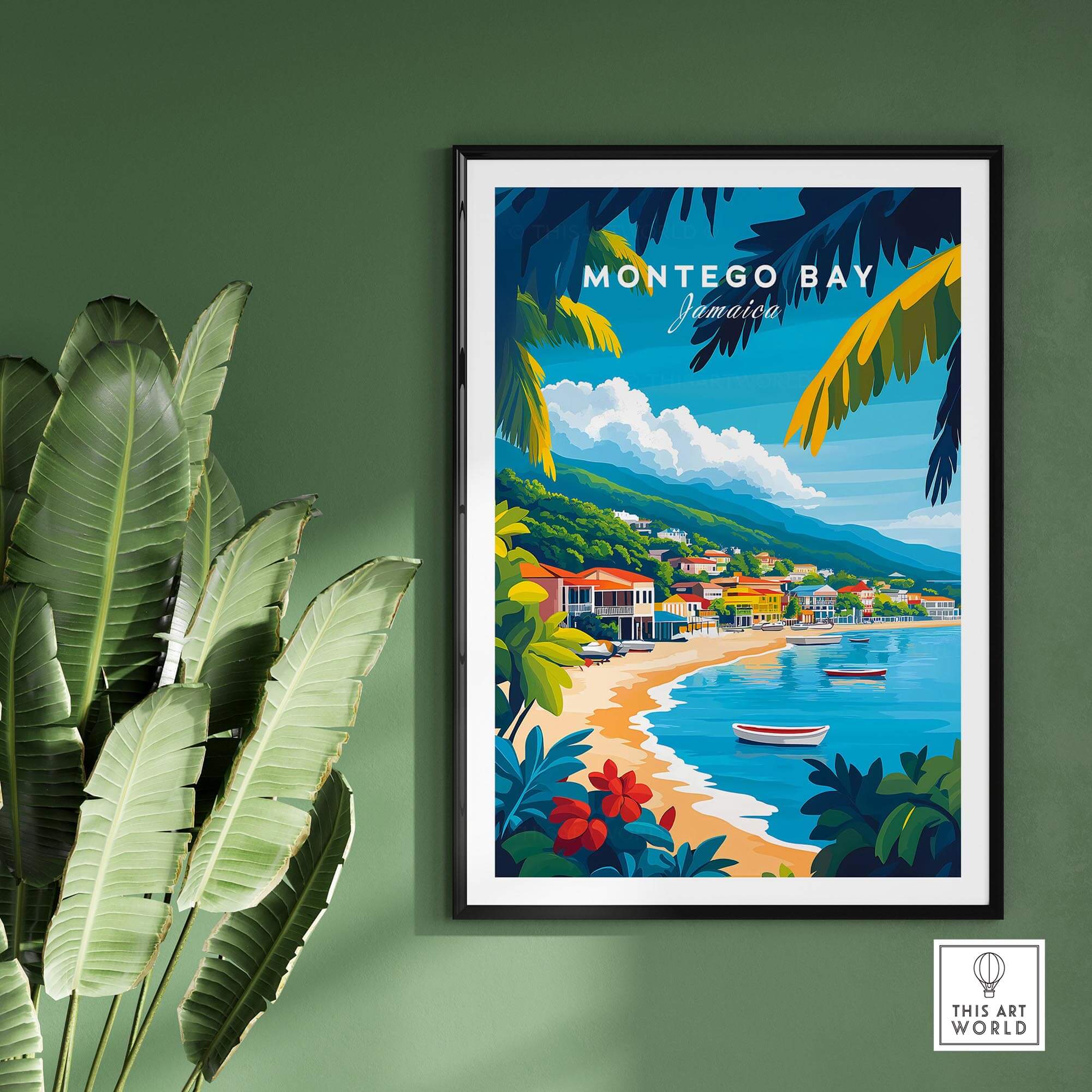 Montego Bay Wall Art Print featuring vibrant coastal scenery of Jamaica with palm leaves.