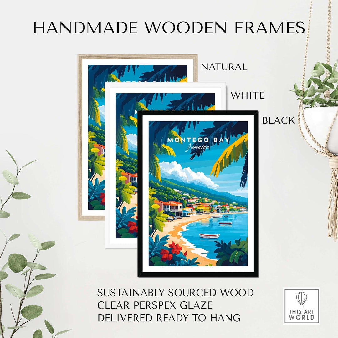 Handmade wooden frames for Montego Bay wall art, available in natural, white, and black finishes, ready to hang.