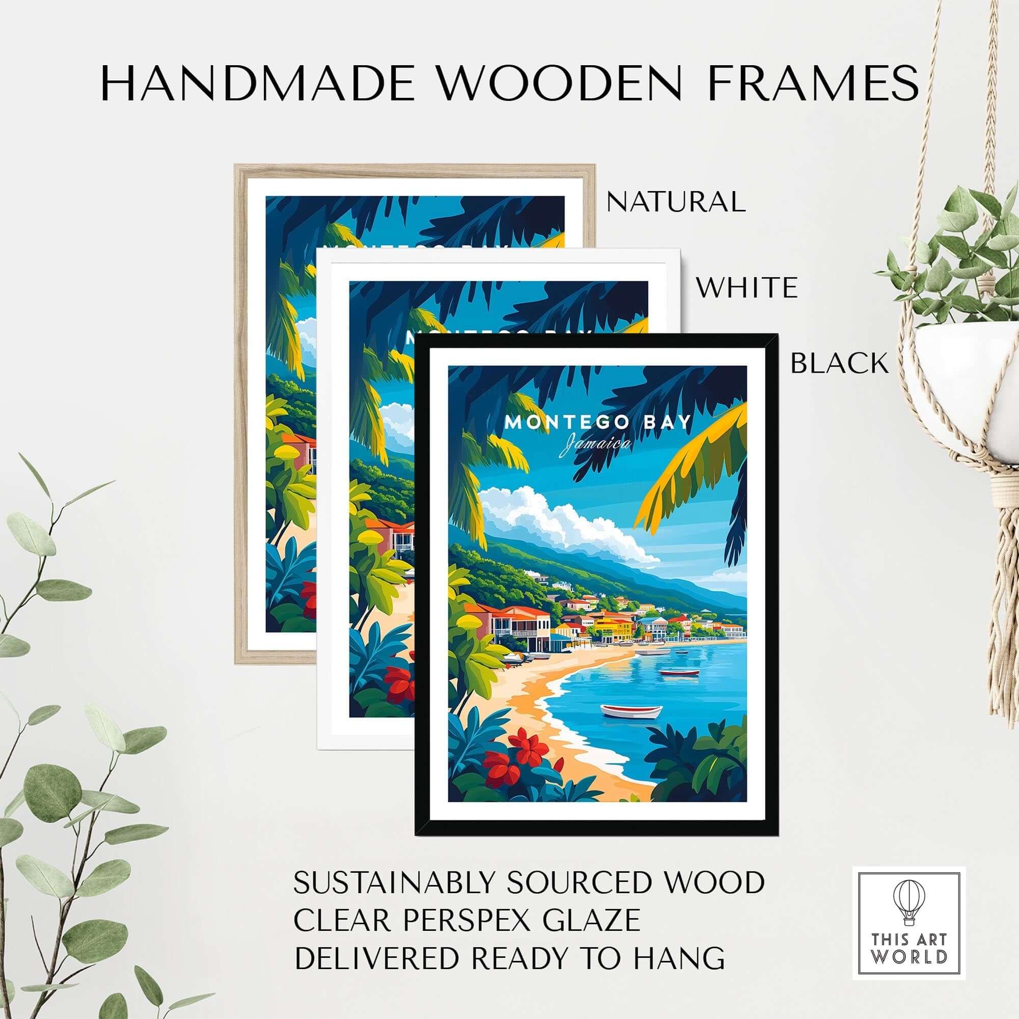 Montego Bay Wall Art Print displayed in handmade wooden frames in natural, white, and black finishes.