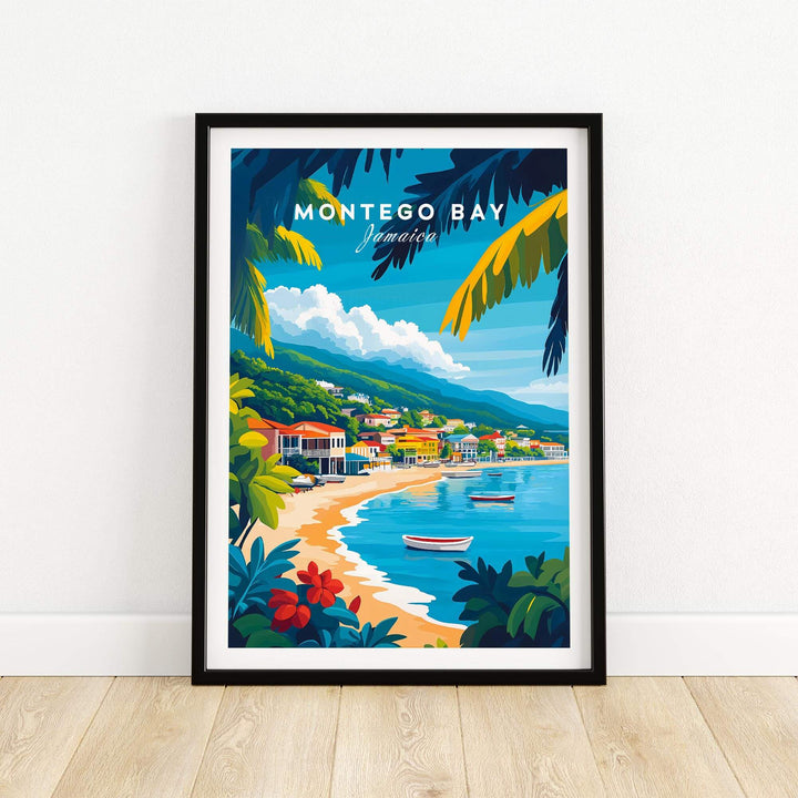 Colorful Montego Bay wall art print featuring beach, boats, and tropical scenery in Jamaica.